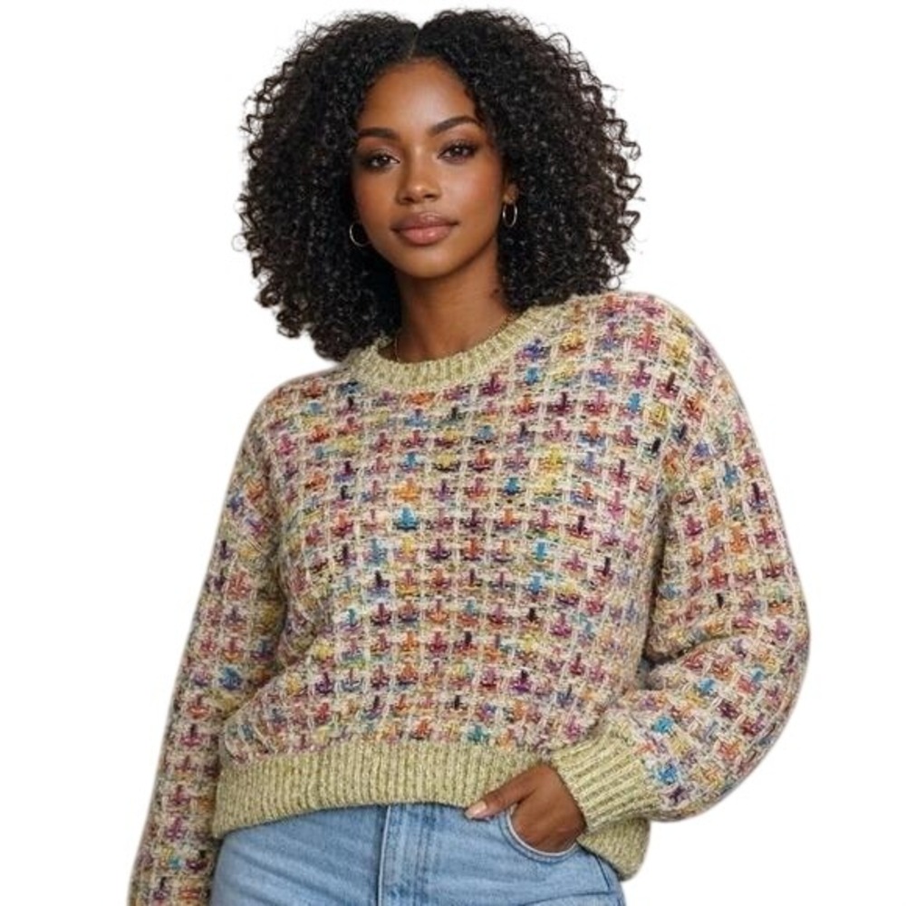 Vintage 90s Rainbow Tweed Chunky Knit Sweater Cottagecore Boho Twee Luxe Size L